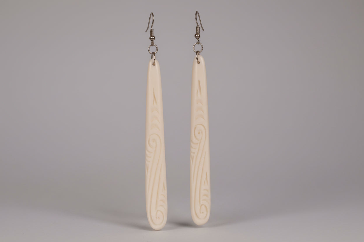 Bone Earrings - Long Engraved Koru