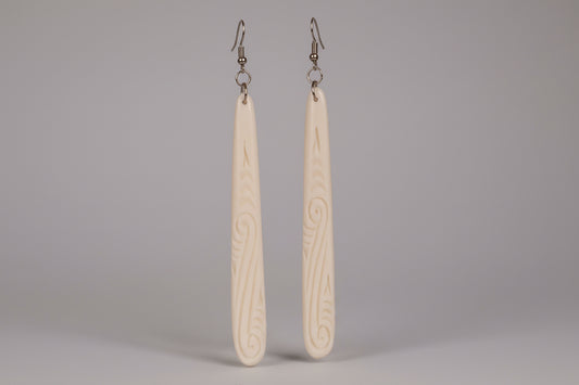 Bone Earrings - Long Engraved Koru