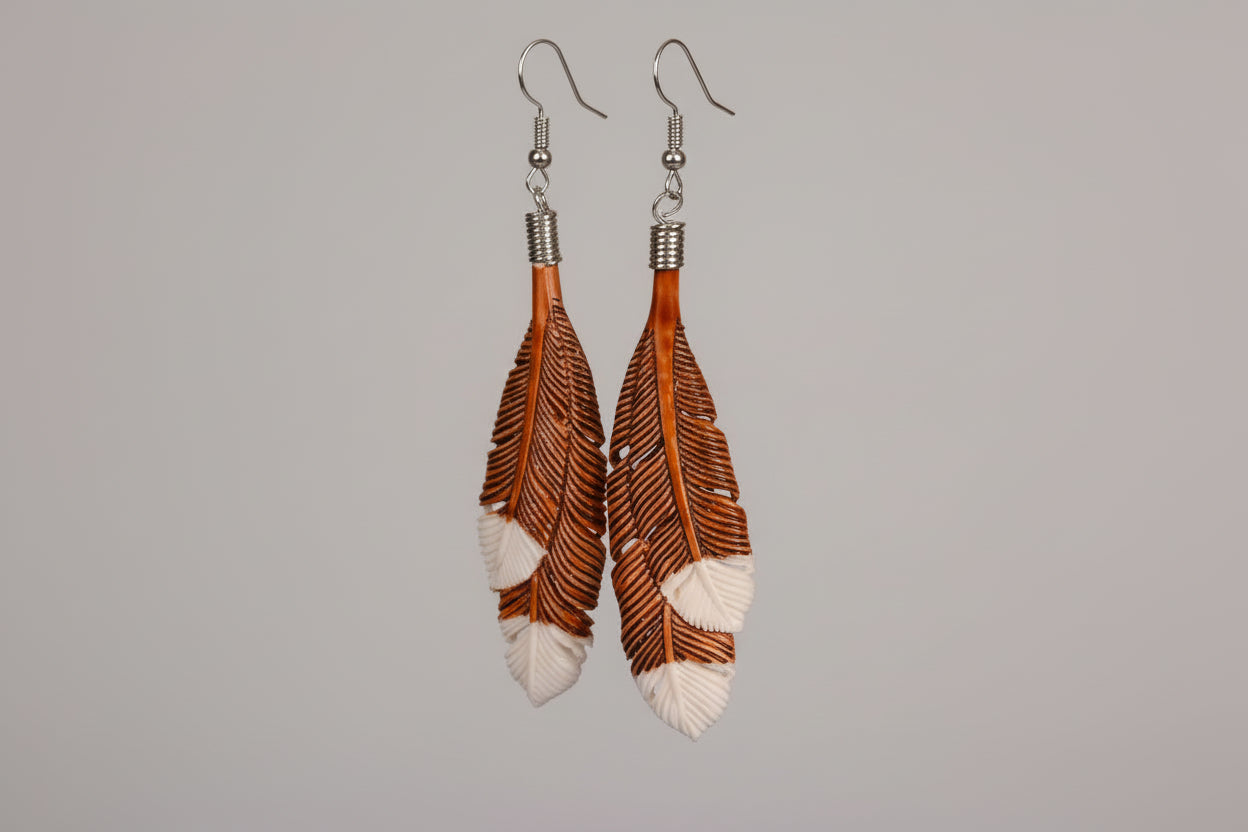Bone Earrings - Brown Feather