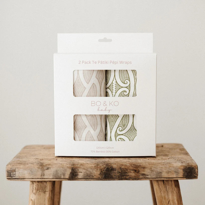 2 Pack Pēpi Wraps - Mocha Te Pātiki & Green Te Pātiki